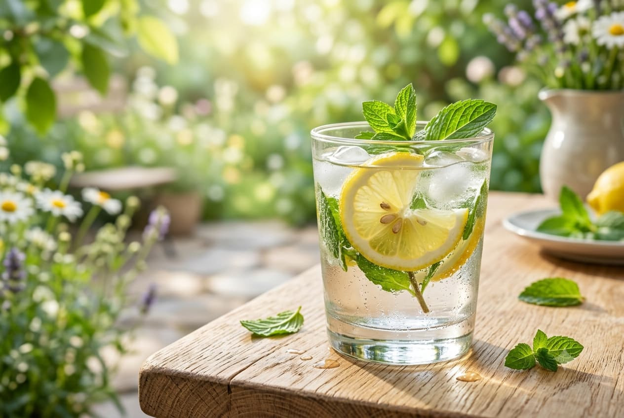 Glas Wasser mit Zitrone, Minze und Eis auf einem Holztisch im Garten – richtig trinken bei Hitze, Vital-Apotheke Bad Saulgau